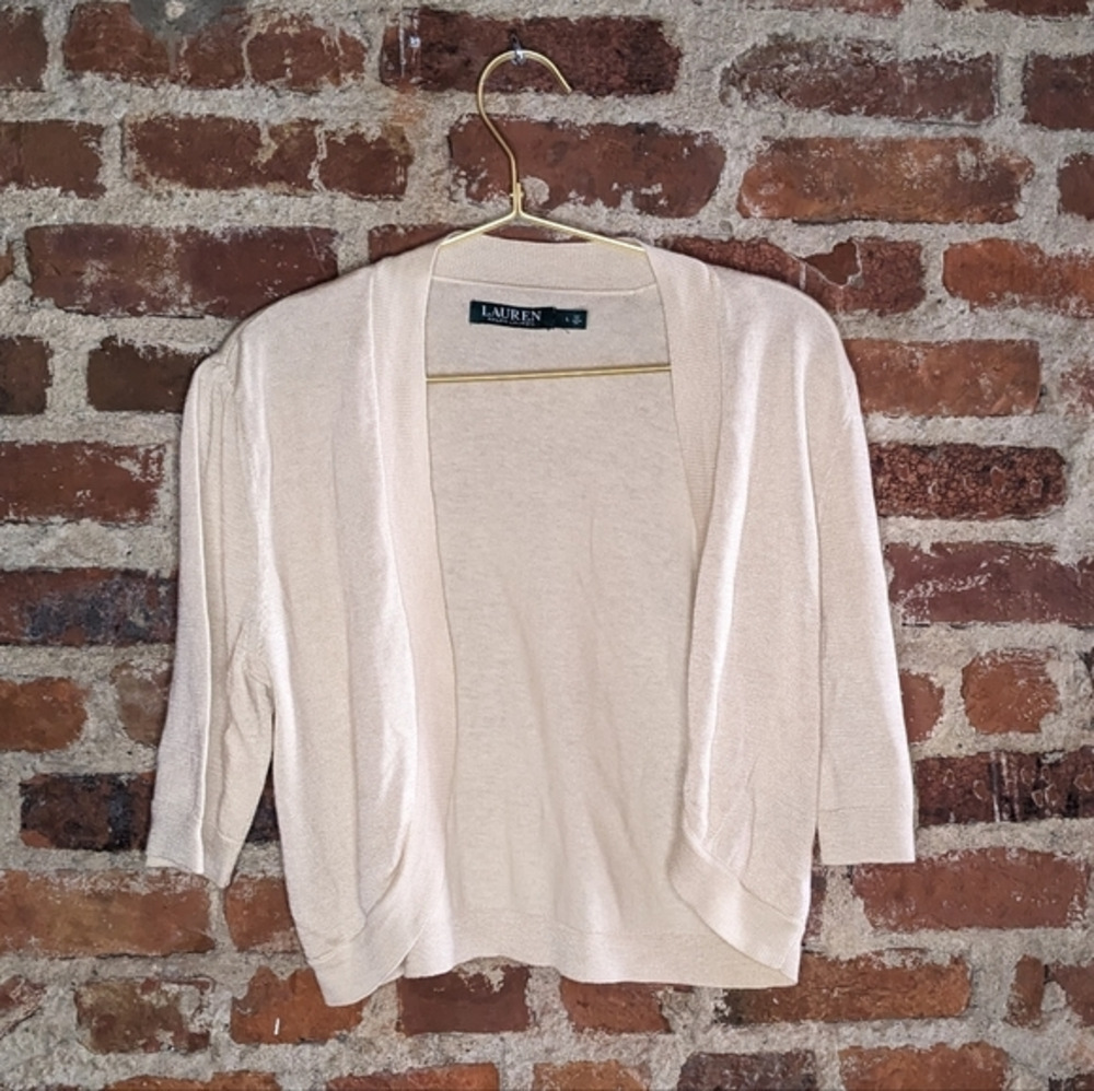 Lauren Ralph Lauren Large Ivory Cropped Open Front Elbow Sleeve Cardigan